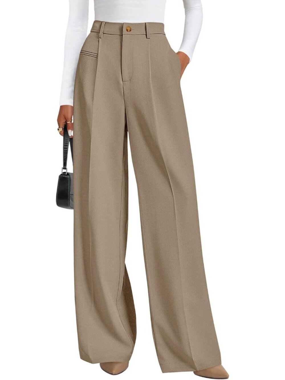 Women's Light Khaki Business Casual Flowy Work High Waisted Wide Leg Dress Pants